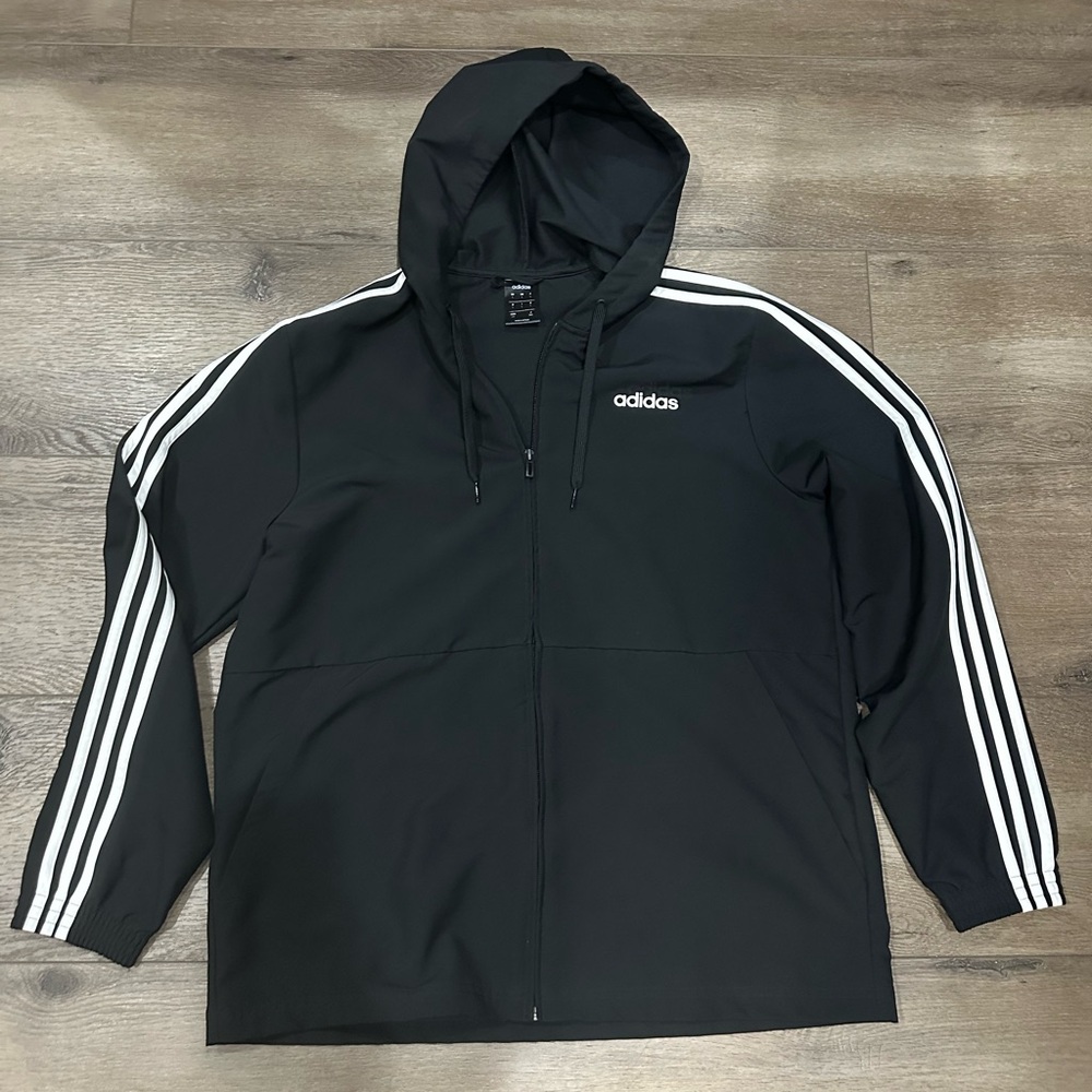 Adidas Men's Black Windbreaker with White Stripes